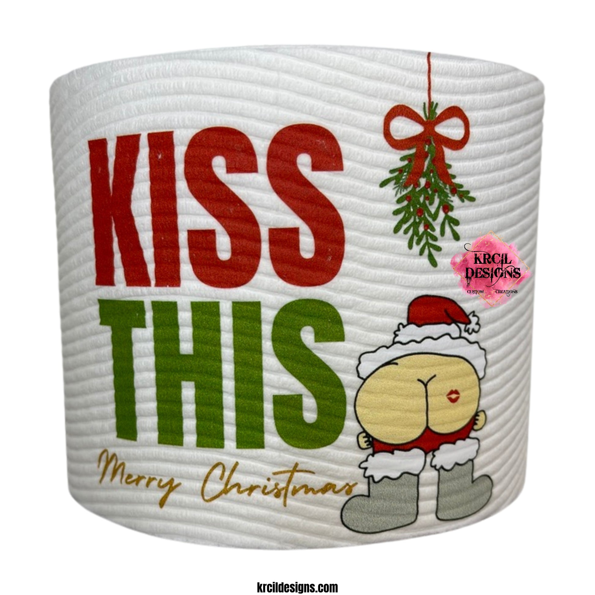 Christmas Funny Novelty Toilet Paper Roll Gag Gift | Santa & Mistletoe "KISS THIS Merry Christmas" | Custom Toilet Paper by Krcil Designs | Need a funny gift? These funny toilet paper rolls are the ultimate gift for those who love pranks. Personalized toilet paper roll, add face of the jokester in your family, add saying, and you have the cheapest custom gift you can find. Need a gift card holder? Insert cash or gift card into the middle. Design Your Own at KrcilDesigns.com