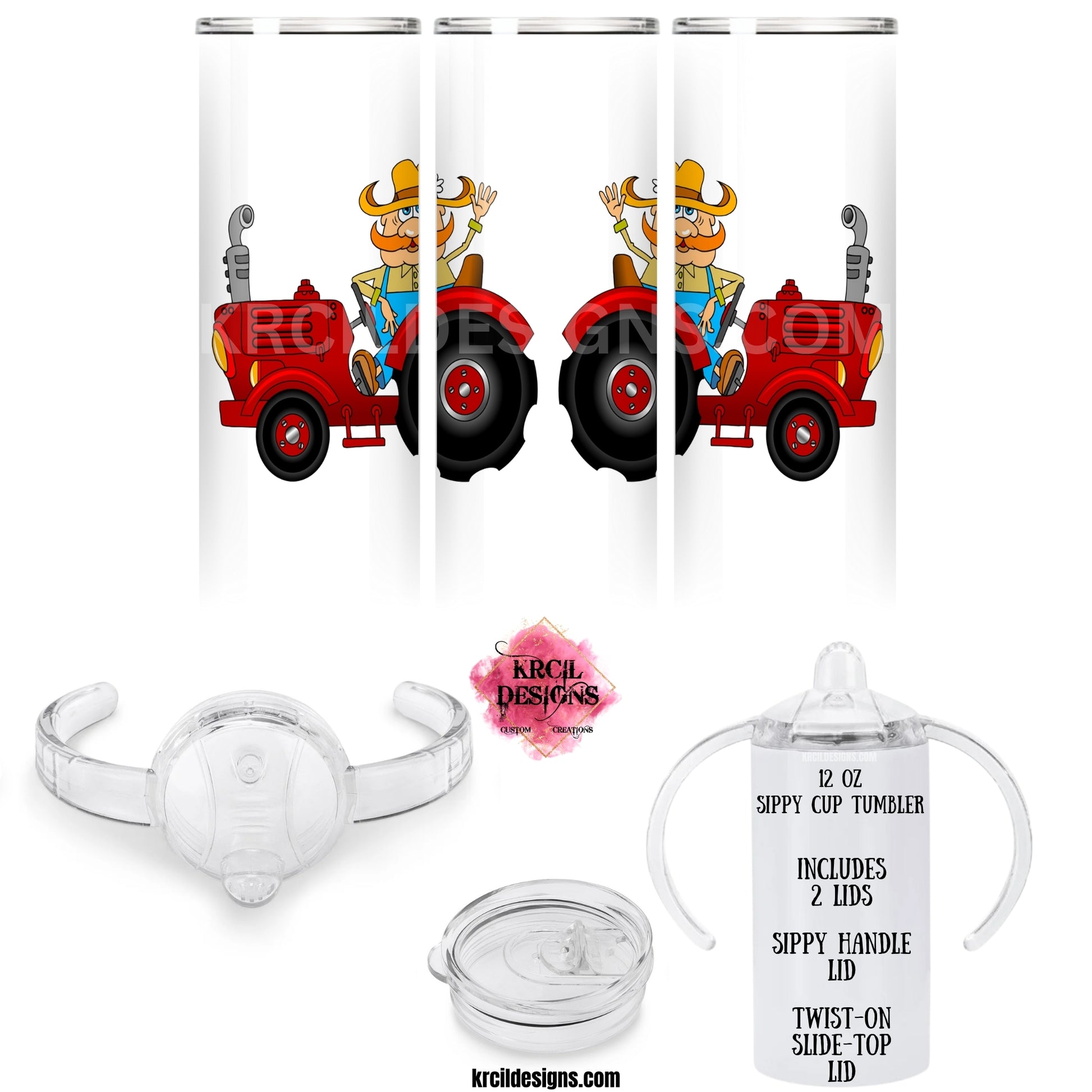 Farmer and Tractor SIPPY Cup Personalized Tumbler by Krcil Designs | Design Your Own SIPPY Cup Tumbler with Krcil Designs! | Let our custom tumblers do the talking with our collection of personalized tumblers. Personalize It - add name, initials, monogram, make a one-of-a-kind picture collage photo tumbler - the picture-perfect present! For the ultimate gift, add a personalized puzzle or personalized tote bag. SIPPY Tumblers include 2 Lids - SIPPY Handle Lid and Screw On Lid. KrcilDesigns.com