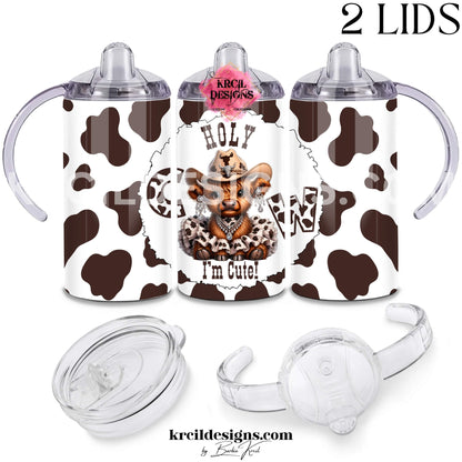Fluffy baby highland cow 12oz sippy cup for toddlers with cow print tutu, cowboy hat, and "Holy Cow I'm Cute" text — Boutique Kids' Drinkware — Krcil Designs, Gillette, WY