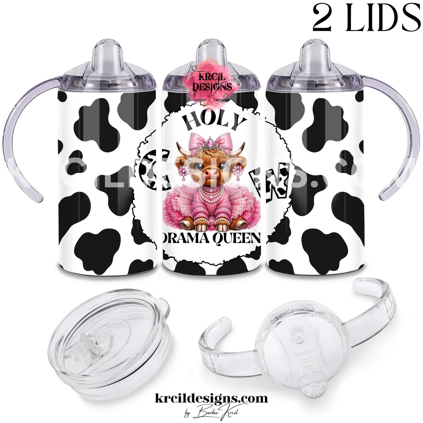Fluffy baby highland cow 12oz sippy cup for toddlers with cow print, pink rhinestone tutu, and "Holy Cow Drama Queen" text — Boutique Kids' Drinkware — Krcil Designs, Gillette, WY
