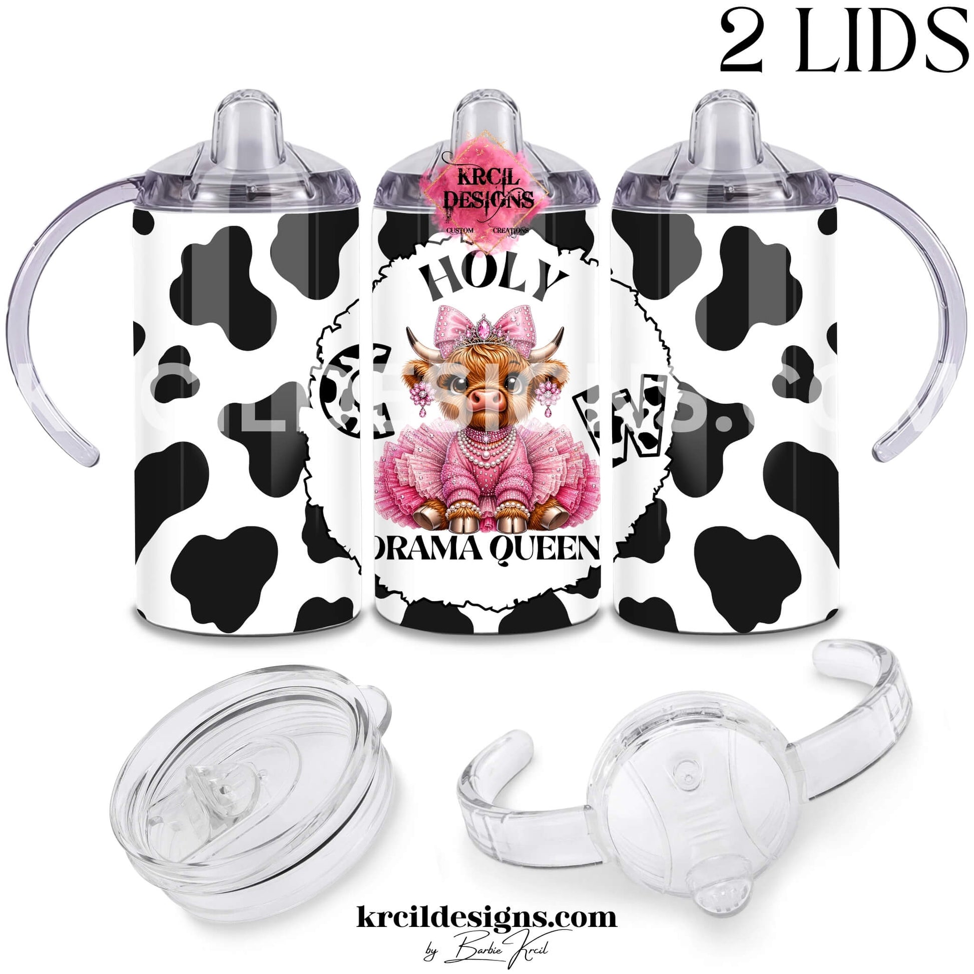 Fluffy baby highland cow 12oz sippy cup for toddlers with cow print, pink rhinestone tutu, and "Holy Cow Drama Queen" text — Boutique Kids' Drinkware — Krcil Designs, Gillette, WY