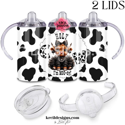 Fluffy baby highland cow 12oz sippy cup for toddlers with cow print, black tutu, pearls, and "Holy Cow I'm MOO-dy" text — Boutique Kids' Drinkware — Krcil Designs, Gillette, WY