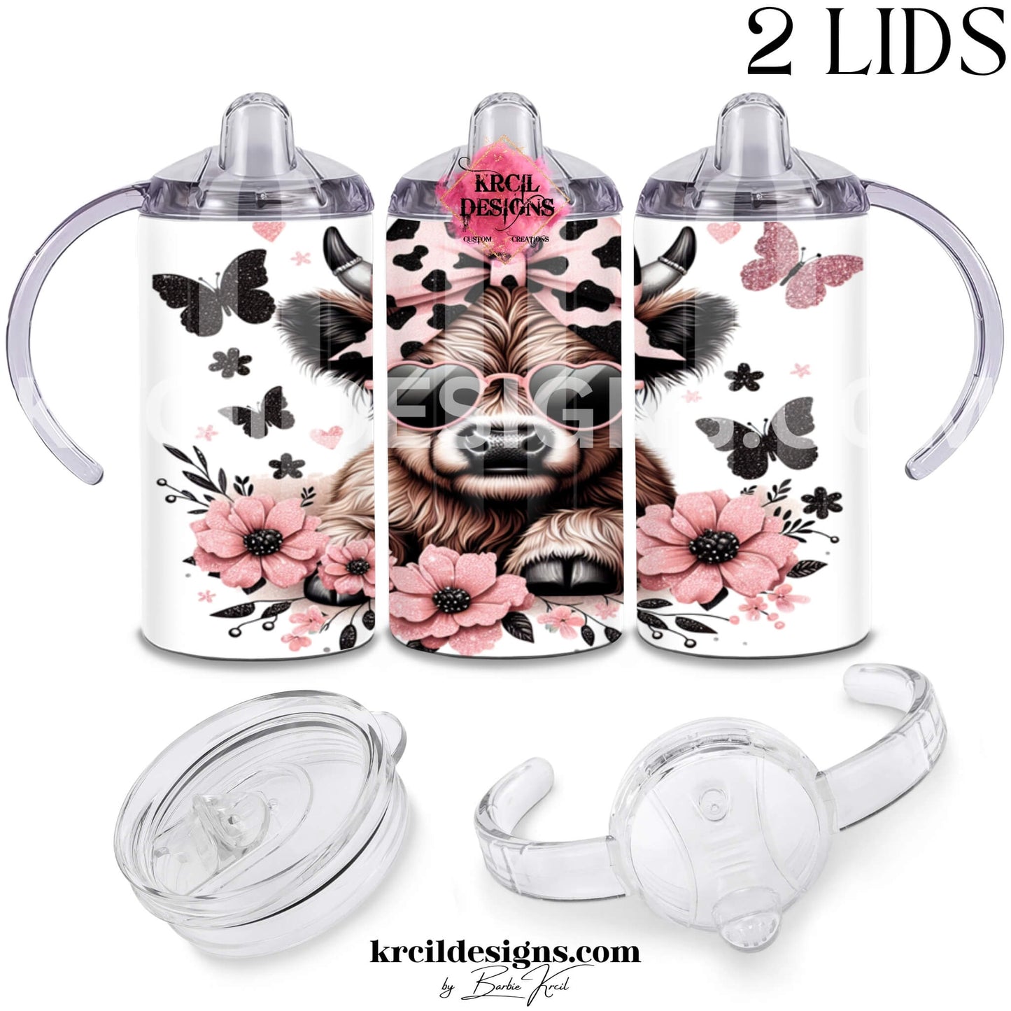 Fluffy baby highland cow 12oz sippy cup for toddlers with cow print pink bow, pink heart sunglasses, pink florals and butterflies — Boutique Kids' Drinkware — Krcil Designs, Gillette, WY
