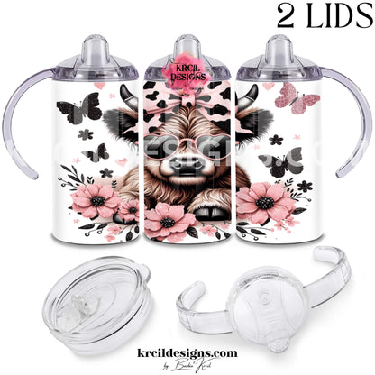 Fluffy baby highland cow 12oz sippy cup for toddlers with cow print pink bow, pink heart sunglasses, pink florals and butterflies — Boutique Kids' Drinkware — Krcil Designs, Gillette, WY