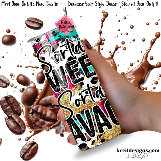 Sorta Sweet Sorta Savage 20oz skinny tumbler, country western cowgirl design, leopard print backdrop, turquoise marble, serape stripes, sparkling gold glitter accents, black text outlined in white