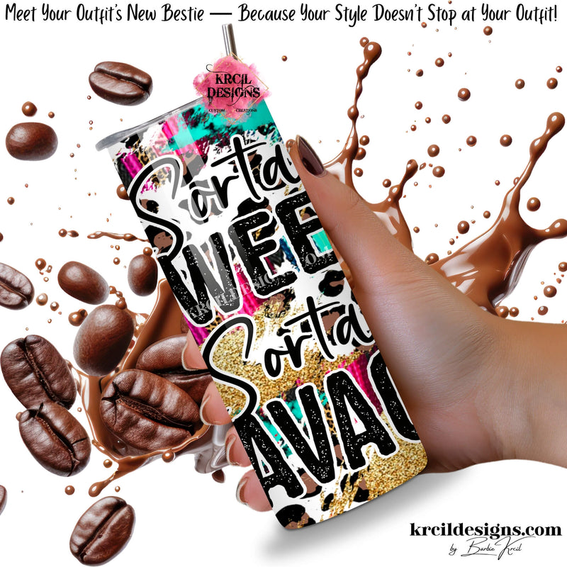 Sorta Sweet Sorta Savage 20oz skinny tumbler, country western cowgirl design, leopard print backdrop, turquoise marble, serape stripes, sparkling gold glitter accents, black text outlined in white