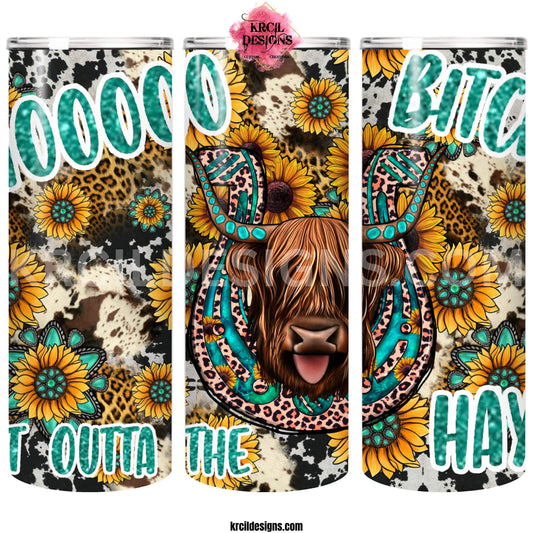 MOO B GET OUTTA THE HAY! Tumbler by Krcil Designs | Featuring a Highland Cow, cheetah print, horseshoe, sunflowers, turquoise gemstones. | Let our custom tumblers do the talking with our collection of personalized tumblers. Personalize It: add name, monogram, picture collage photo tumbler - the picture-perfect present! For the ultimate gift, add t-shirt, accessorize with a tote bag. Insulated stainless steel tumblers include a plastic slide top lid and metal/plastic straw.  Shop Tumblers at KrcilDesigns.com