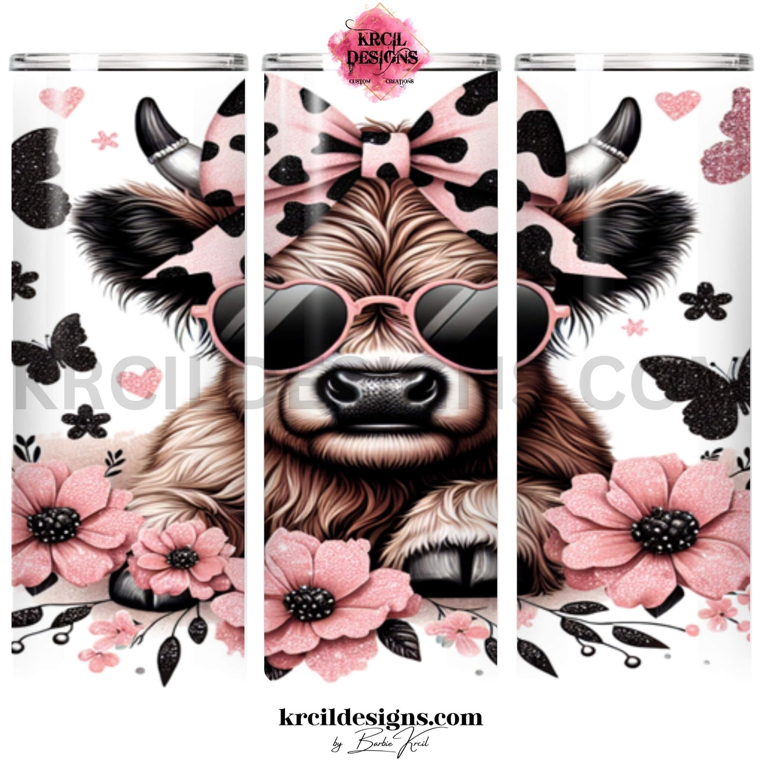 Fluffy baby highland cow 16oz skinny tumbler with cow print pink bow, pink heart sunglasses, pink florals and butterflies — Boutique Kids' Drinkware — Krcil Designs, Gillette, WY