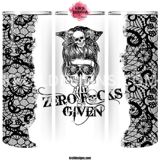 ZERO FUCKS GIVEN Skull Tumbler by Krcil Designs | Featuring a skull with a messy bun, giving the middle finger, and black lace. | Let our custom tumblers do the talking with our collection of personalized tumblers. Personalize It - add name, monogram, picture collage photo tumbler - the picture-perfect present! For the ultimate gift, add a t-shirt, or accessorize with a tote bag. Insulated stainless steel tumblers include a plastic slide top lid and metal/plastic straw. Shop Tumblers at KrcilDesigns.com