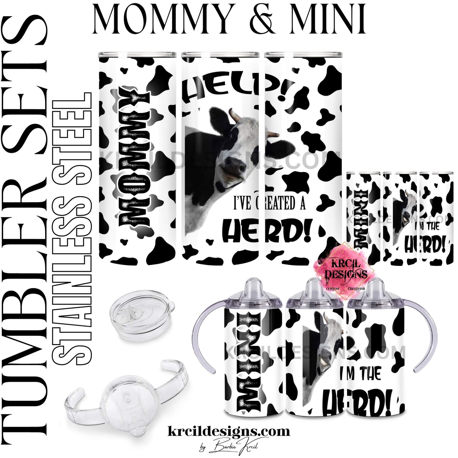 krcil designs mommy and me tumbler set, 30oz custom name skinny tumbler and 12oz sippy cup tumbler, black and white cow print with cow, help i've created a herd and i'm the herd text, stainless steel insulated drinkware with sippy handle lid and slide top lid, name personalized gift set, gillette wyoming