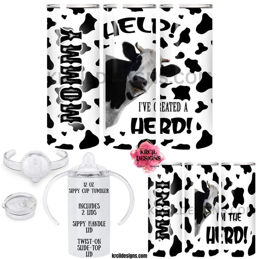 Udderly Adorable Silly Cow and Cow Print "HERD" Mommy and Me Personalized Tumbler Set by Krcil Designs | Personalize It - add names, Mommy and Mini, Daddy and Mini | Not just for MOM get one for DAD | ADD 12oz.Tumblers perfect for the older kids | Additional Sippy Cups Available | Set includes 1-20oz./30oz. and 1-12oz. Sippy Cup | Insulated stainless steel tumblers include a plastic slide top lid and metal or plastic straw. SIPPY Cup Tumblers include 2 Lids-SIPPY Handle/Screw On. KrcilDesigns.com