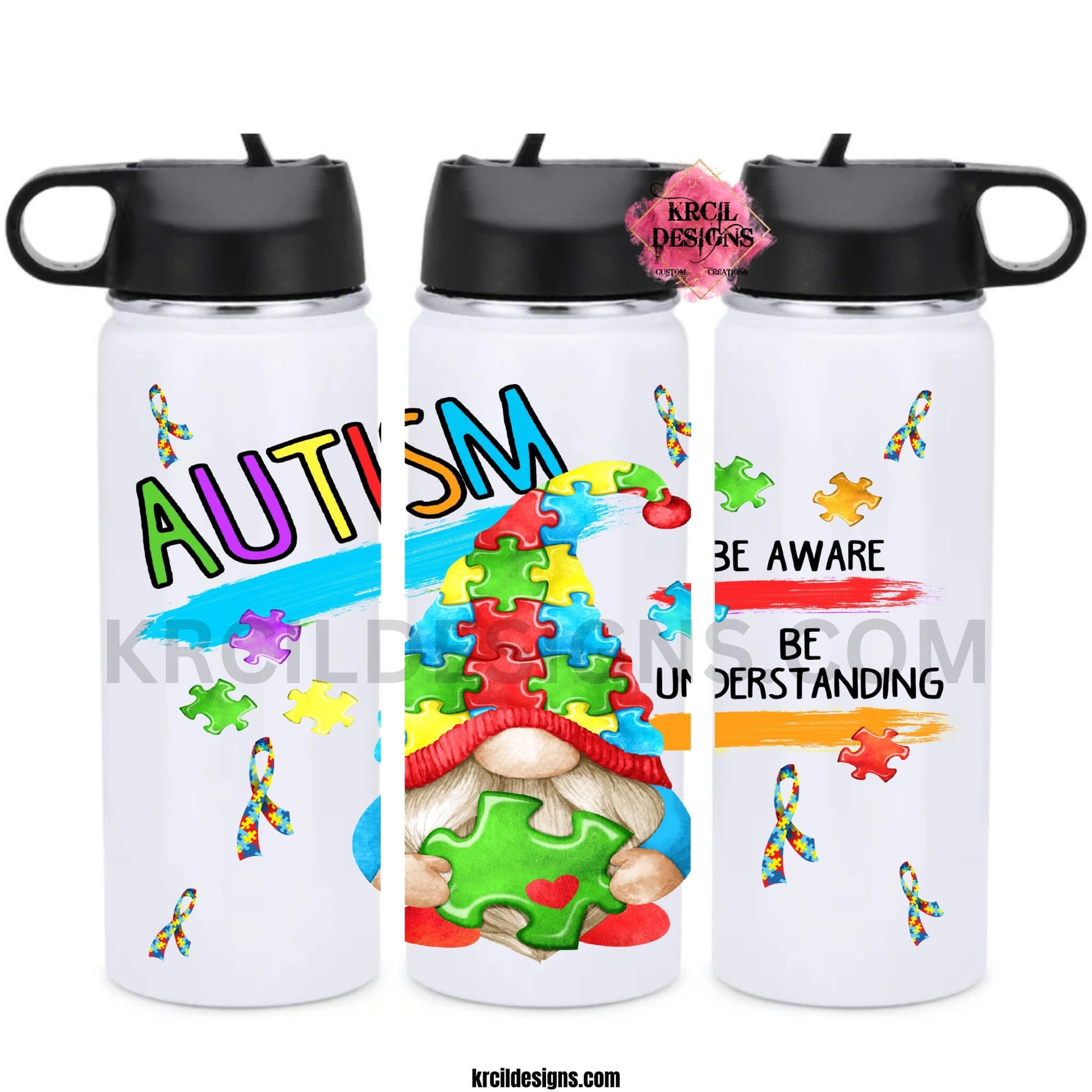 Autism Awareness Water Bottle by Krcil Designs | A gnome inspired water bottle that's perfect for spreading joy and promoting autism awareness. Featuring a colorful cheerful gnome wearing a puzzle-piece hat, surrounded by a cascade of puzzle pieces, and the autism puzzle-piece ribbon. | Let our custom water bottles do the talking with our collection of personalized water bottles. Personalize It- add name. Insulated stainless steel water bottles include 2 lids-wide mouth/flip top straw. Shop KrcilDesigns.com