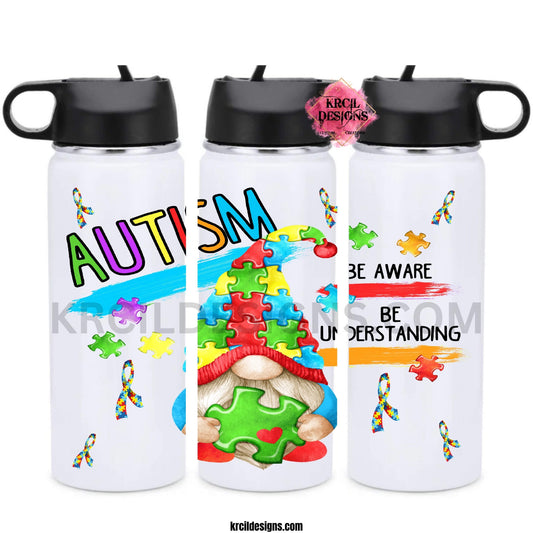 Autism Awareness Water Bottle by Krcil Designs | A gnome inspired water bottle that's perfect for spreading joy and promoting autism awareness. Featuring a colorful cheerful gnome wearing a puzzle-piece hat, surrounded by a cascade of puzzle pieces, and the autism puzzle-piece ribbon. | Let our custom water bottles do the talking with our collection of personalized water bottles. Personalize It- add name. Insulated stainless steel water bottles include 2 lids-wide mouth/flip top straw. Shop KrcilDesigns.com