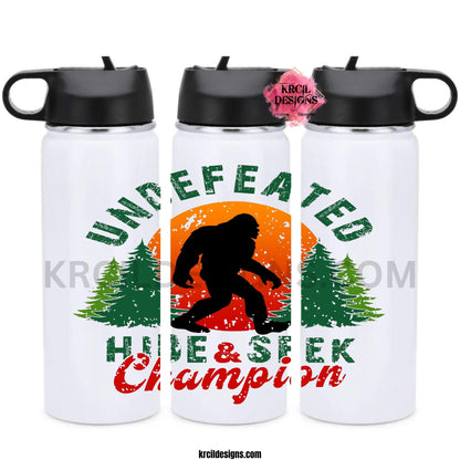 Sasquatch Undefeated Hide & Seek Champion Bigfoot Water Bottle by Krcil Designs | Our hydro water bottle is so durable, it could survive Bigfoot(well, probably). This custom water bottle features Bigfoot and Sasquatch walking through the woods, orange sunset, green trees, and the funny quote, "UNDEFEATED HIDE & SEEK Champion"! Keep the Bigfoot Legend Alive! Sasquatch: The Legend of Bigfoot! Add a personal touch, add name, for a one-of-a-kind personalized water bottle. Shop Bigfoot Gifts at KrcilDesigns.com