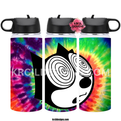 Felix the Cat Personalized Water Bottle by Krcil Designs | Felix the Cat is in a frenzy, one with trippy eyes, groovy peepers, an awesome tie-dyed pattern that's totally his attitude! | Let our custom water bottles do the talking with our collection of personalized water bottles. Personalize It - add name, monogram. For the ultimate gift, add a t-shirt, or accessorize with a custom tote bag. Insulated stainless steel water bottles include 2 lids-wide mouth/flip top straw. Shop KrcilDesigns.com