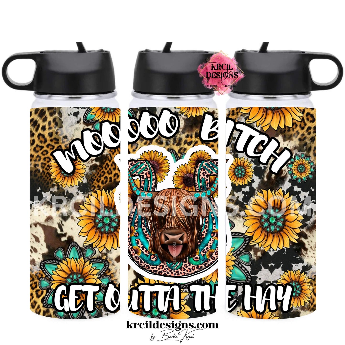 Moo Bitch Highland Cow 32oz Water Bottle — Sassy Western Aesthetic Drinkware — Funny Cowhide Print Cup — Krcil Designs, Gillette, WY