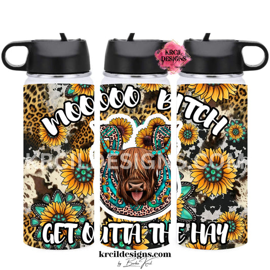Moo Bitch Highland Cow 32oz Water Bottle — Sassy Western Aesthetic Drinkware — Funny Cowhide Print Cup — Krcil Designs, Gillette, WY
