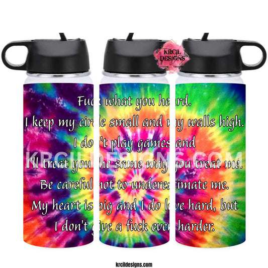 Tie-Dye Funny Quote Fuck Water Bottle by Krcil Designs | It's hippie vibes, it's tie-dye for real, baby! The groovy tie-dye pattern will make you feel like you're tripping on flower power. | Let our custom water bottles do the talking with our collection of personalized water bottles. Personalize It - add name, monogram. For the ultimate gift, add a t-shirt, or accessorize with a custom tote bag. Insulated stainless steel water bottles include 2 lids-wide mouth/flip top straw. Shop KrcilDesigns.com
