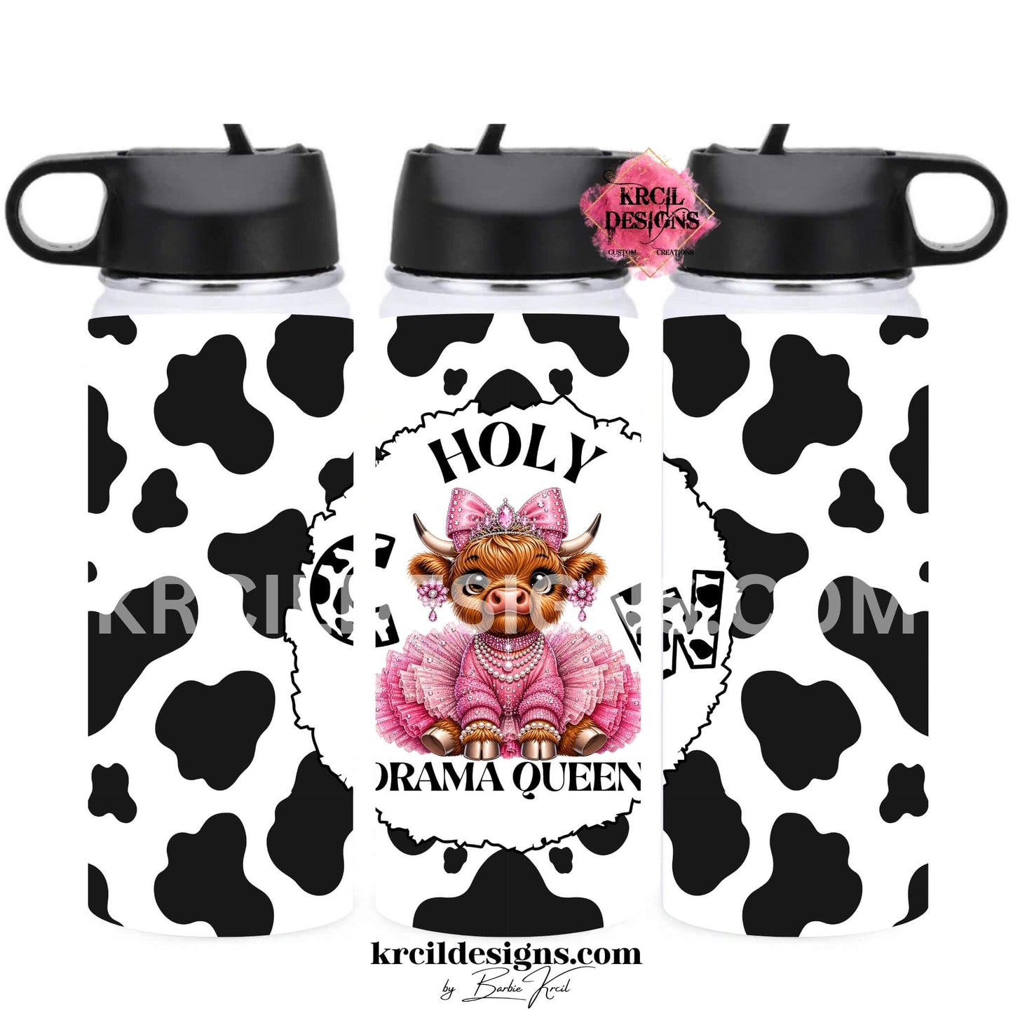 Fluffy baby highland cow 18oz sports kids water bottle tumbler with cow print, pink rhinestone tutu, and "Holy Cow Drama Queen" text — Boutique Kids' Drinkware — Krcil Designs, Gillette, WY