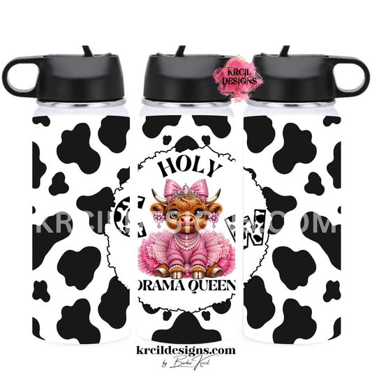Fluffy baby highland cow 18oz sports kids water bottle tumbler with cow print, pink rhinestone tutu, and "Holy Cow Drama Queen" text — Boutique Kids' Drinkware — Krcil Designs, Gillette, WY