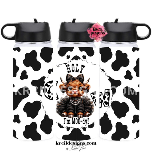 Fluffy baby highland cow 18oz sports kids water bottle tumbler with cow print, black tutu, pearls, and "Holy Cow I'm MOO-dy" text — Boutique Kids' Drinkware — Krcil Designs, Gillette, WY