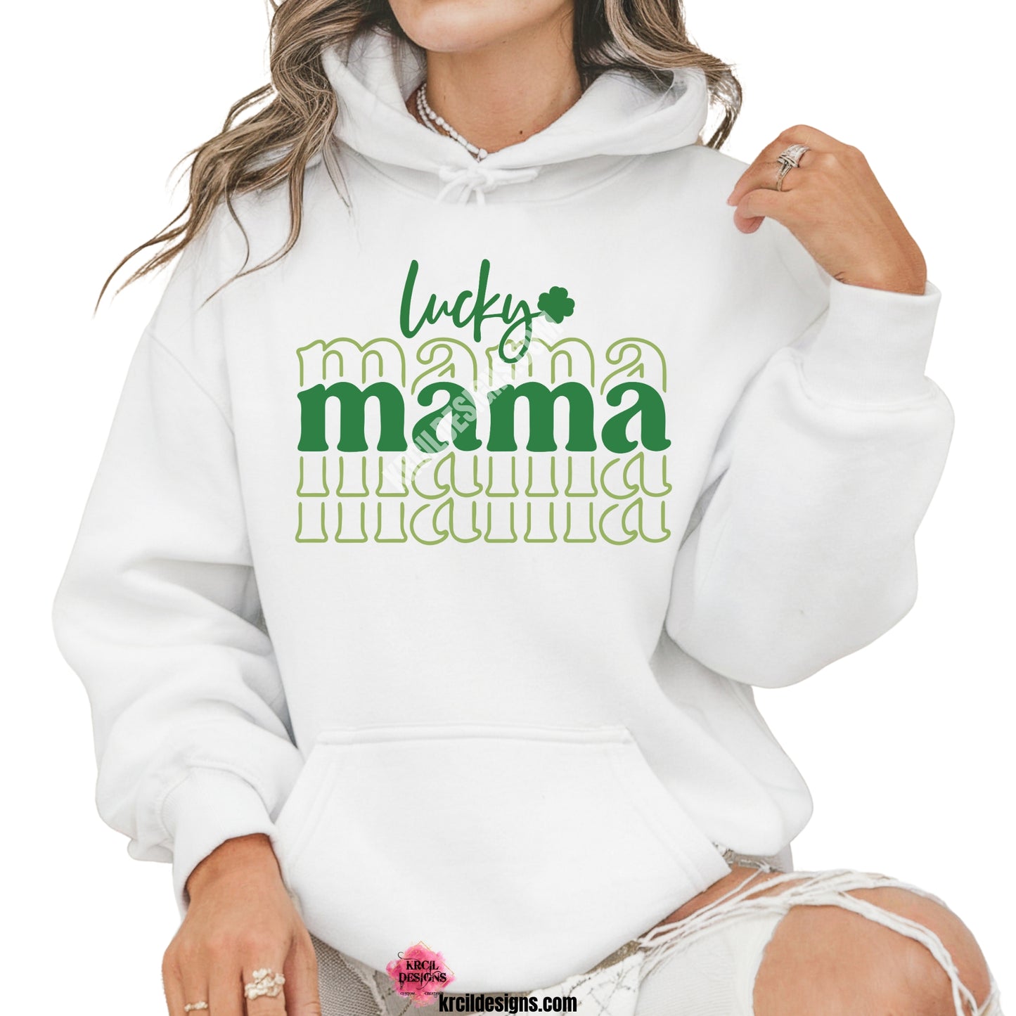 lucky mama St. Patrick's Day Sweatshirt by Krcil Designs | Make a fashion statement with our crewneck sweatshirts and pullover hoodies! Our buttery soft cozy shirts will become your new weekend bestie! Get your green on this St. Patty's Day! Run your errands in style with our St. Patty's Day tote bag! Our graphics showcases two colors of green, lucky in handwriting, mama in center is bold and outlined in a strobe like pattern. Shop Sweatshirts and Hoodies at KrcilDesigns.com