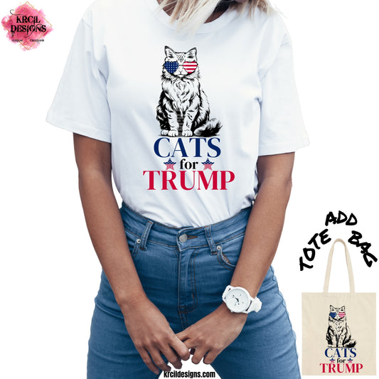 Cats for Trump T-Shirt by Krcil Designs | Make a fashion statement with our graphic tees t-shirts! Our buttery soft cozy tees will become your new weekend bestie! Our "Cats for Trump" t-shirt is the perfect tee to wear to vote! Our patriotic design showcases a fluffy cat sporting heart-shaped sunglasses. One lens features vibrant blue with white stars, while the other boast bold red and white stripes, all in the classic red, white, and blue colors. Shop Graphic Tees T-Shirts at KrcilDesigns.com