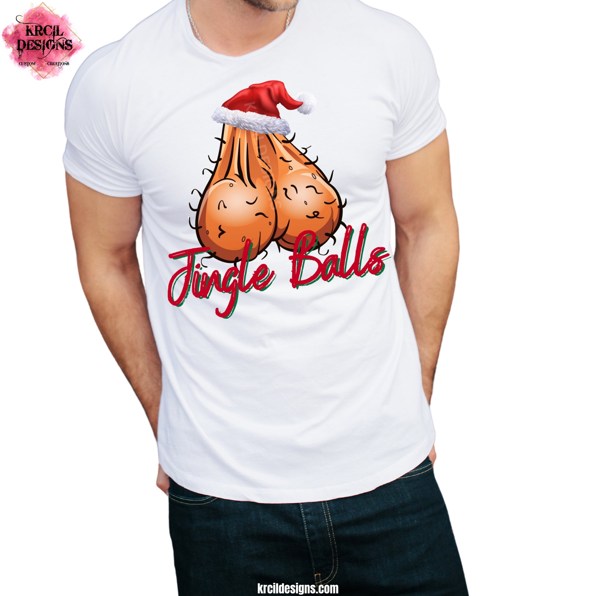 Ball Sack Jingle Balls Shirt by Krcil Designs | Make a fashion statement with our Naughty Christmas T-Shirts! Our buttery soft cozy tees will become your new weekend bestie! Dress to impress with clothes that have laugh-out-loud jokes—Unwrap laughs this holiday with our Ball Sack "Jingle Balls" T-Shirt. Featuring a hairy ball sack wearing a Santa hat, with the funny quote: "Jingle Balls" in red and green handwriting letters. The perfect gift for him! Shop Graphic Tees T-Shirts at KrcilDesigns.com