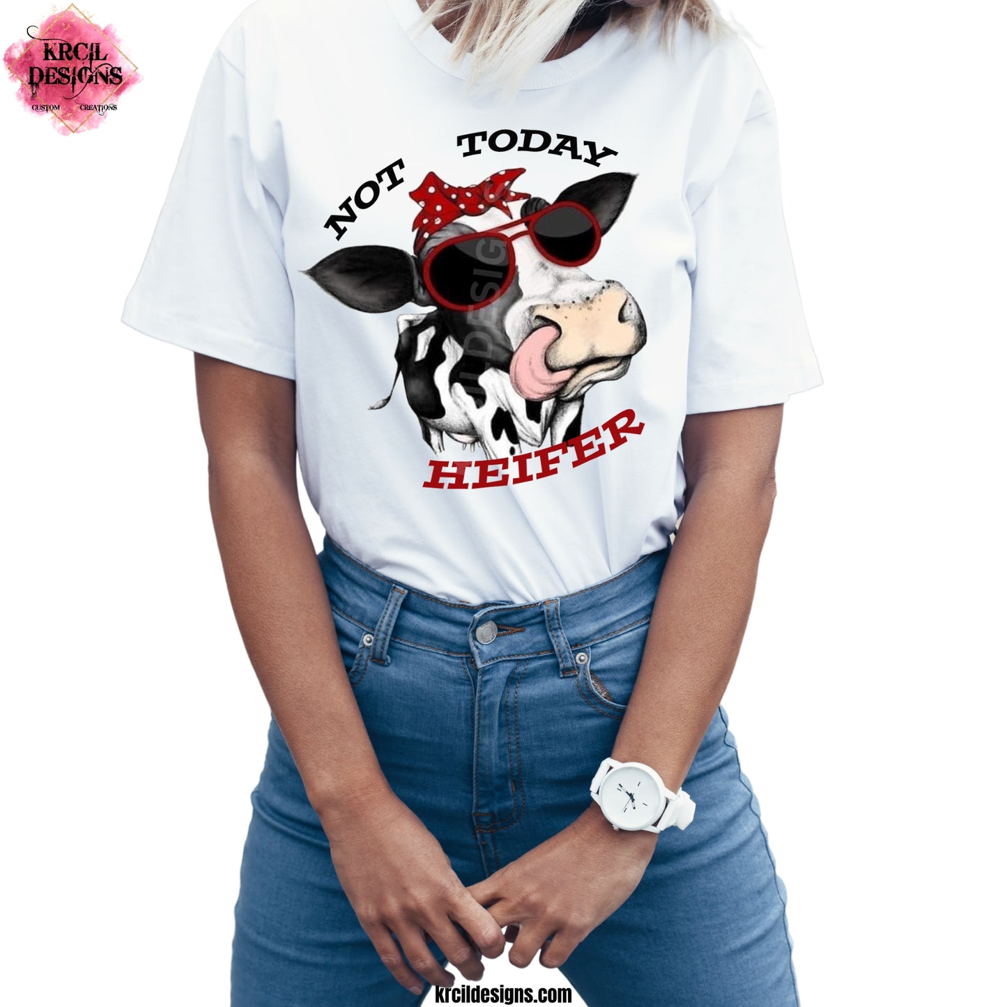 "NOT TODAY HEIFER" Cow T-Shirt by Krcil Designs. | Featuring our Silly Cow with a red white polka dot bow, shades. | Design Your Own T-Shirt with Krcil Designs! | Custom T-Shirts, picture tees, photo t-shirts, sarcastic funny tees, special occasions, holidays and birthday t-shirts, bride to be bride tribe tees. Brand your business with our business logo t-shirts. Our unisex t-shirts are soft and cozy. Give the ultimate gift, add a cup, accessorize with a custom tote bag! KrcilDesigns.com