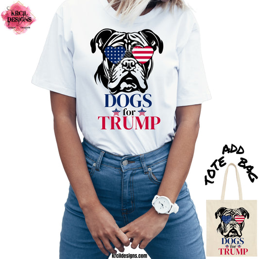 Dogs for Trump T-Shirt by Krcil Designs | Make a fashion statement with our graphic tees t-shirts! Our buttery soft cozy tees will become your new weekend bestie! Our "Dogs for Trump" t-shirt is the perfect tee to wear to vote! Our patriotic design showcases a bulldog sporting heart-shaped sunglasses. One lens features vibrant blue with white stars, while the other boast bold red and white stripes, all in the classic red, white, and blue colors. Shop Graphic Tees T-Shirts at KrcilDesigns.com