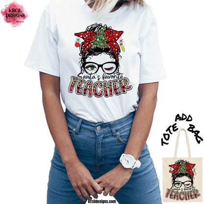 Santa's Favorite Teacher Christmas T-Shirt by Krcil Designs | Make a fashion statement with our graphic tees t-shirts! Our buttery soft cozy tees will become your new weekend bestie! Meet Santa's Favorite Teacher on this teacher shirt, all dressed up with a merry curly hair bun adorned with twinkling Christmas lights and festive ornaments, crowned with a splendid bow and a Christmas Tree at its center. She adds extra sparkle with her stylish glasses. Shop Christmas Tees at KrcilDesigns.com