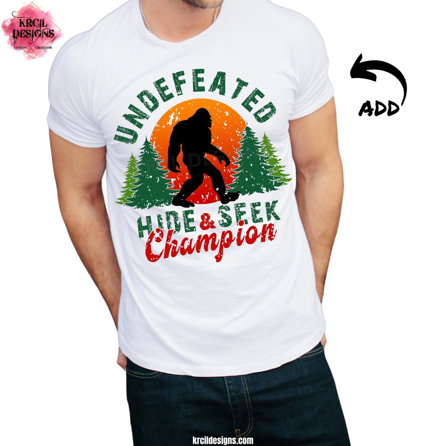 ADD MATCHING T-SHIRT! Sasquatch aka Bigfoot Tees "Undefeated Hide & Seek Champion" Custom T-Shirt by Krcil Designs | Design Your Own T-Shirt with Krcil Designs! | Custom T-Shirts, picture tees, photo t-shirts, sarcastic funny tees, special occasions, holidays and birthday t-shirts, bride-to-be bride tribe tees. Brand your business with our business logo t-shirts. Our unisex t-shirts are soft and cozy. For the ultimate gift, roll them up, stuff in a cup, or custom tote bag! KrcilDesigns.com