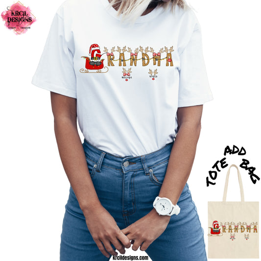 Bring holiday joy with Grandma's Reindeer T-Shirt by Krcil Designs. Personalized and festive, this Custom Christmas T-Shirt features a jolly 'G' in Santa attire, transforming into Santa's reindeer, with the names of all her little ones. Not just for Grandma, we have Grandpa, Dad, Mom, and so many more. KrcilDesigns.com