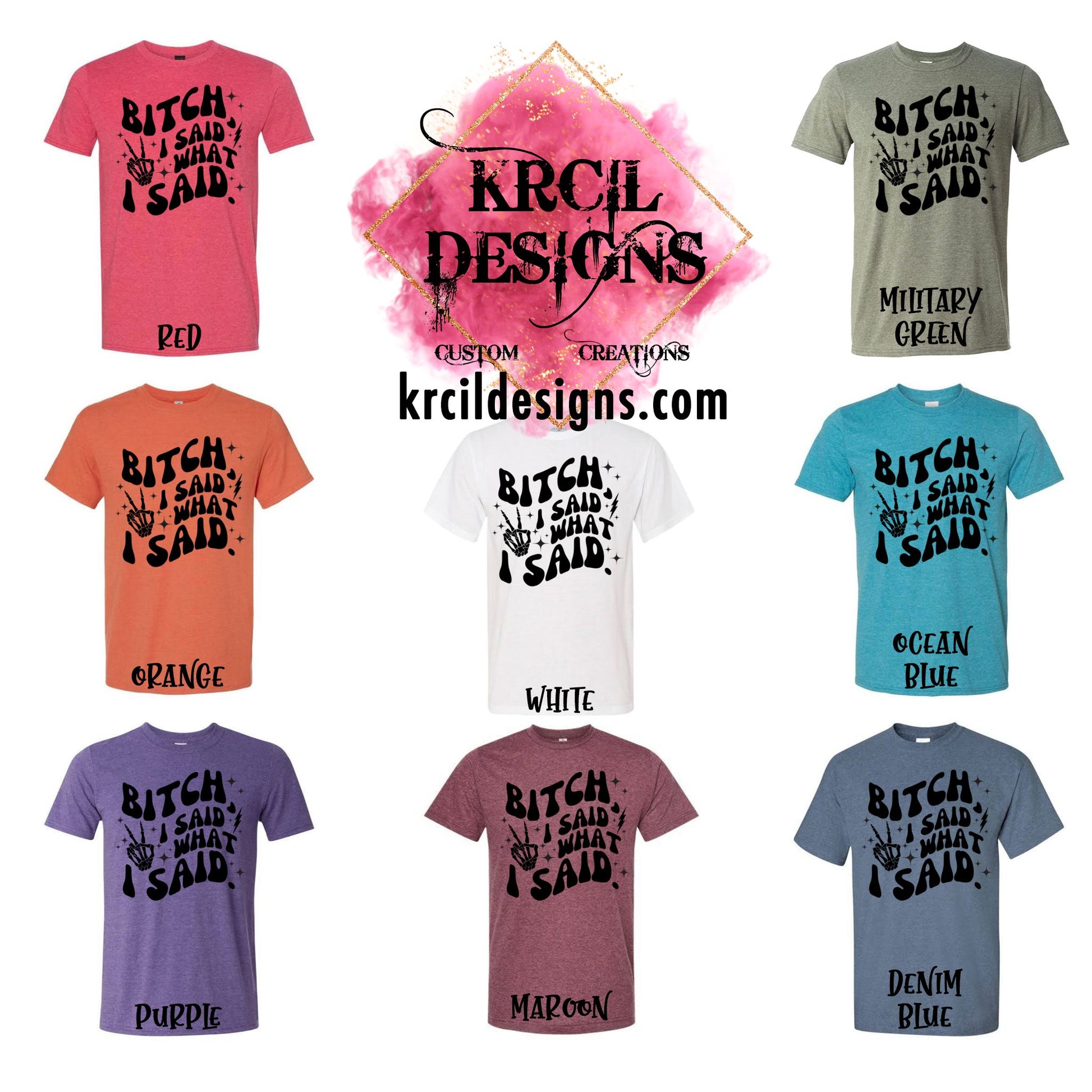 Unisex T-Shirts Color Chart | Design Your Own T-Shirt with Krcil Designs! | Custom T-Shirts, picture tees, photo t-shirts, sarcastic funny tees, special occasion t-shirts, birthday t-shirts, bride-to-be bride tribe t-shirts. Brand your business with our business logo t-shirts they make great business promotional products. Our unisex t-shirts are soft, cozy, cotton/poly blend, we offer a wide selection of colors and styles. Give the ultimate gift, add a cup, accessorize with a tote bag! KrcilDesigns.com