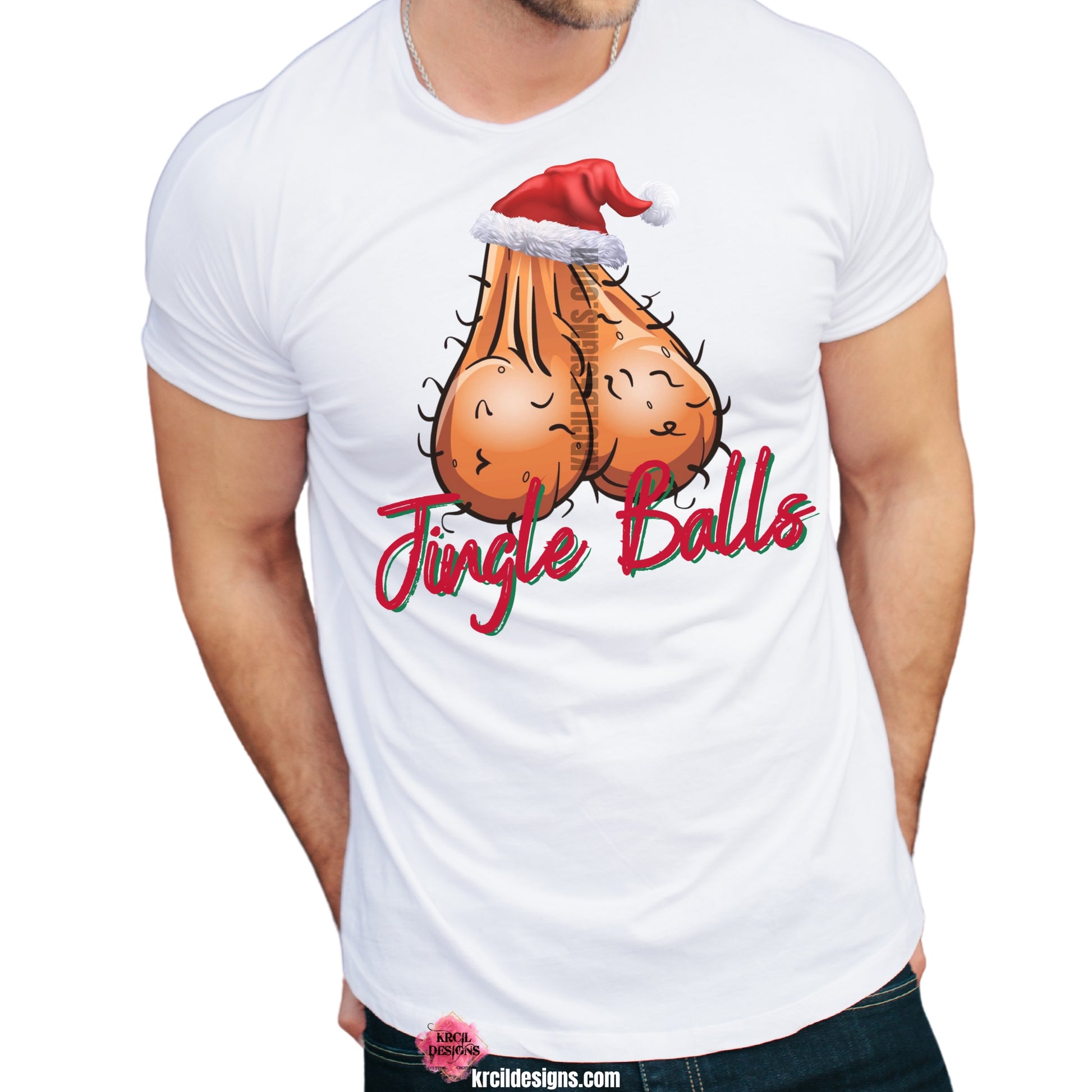 Ball Sack Jingle Balls Shirt by Krcil Designs | Make a fashion statement with our graphic tees t-shirts! Our buttery soft cozy tees will become your new weekend bestie! Dress to impress with clothes that have laugh-out-loud jokes—Unwrap laughs this holiday with our Ball Sack "Jingle Balls" T-Shirt. Featuring a hairy ball sack wearing a Santa hat, with the funny quote: "Jingle Balls" in red and green handwriting letters. The perfect gag gift for men! Shop Christmas Tees at KrcilDesigns.com