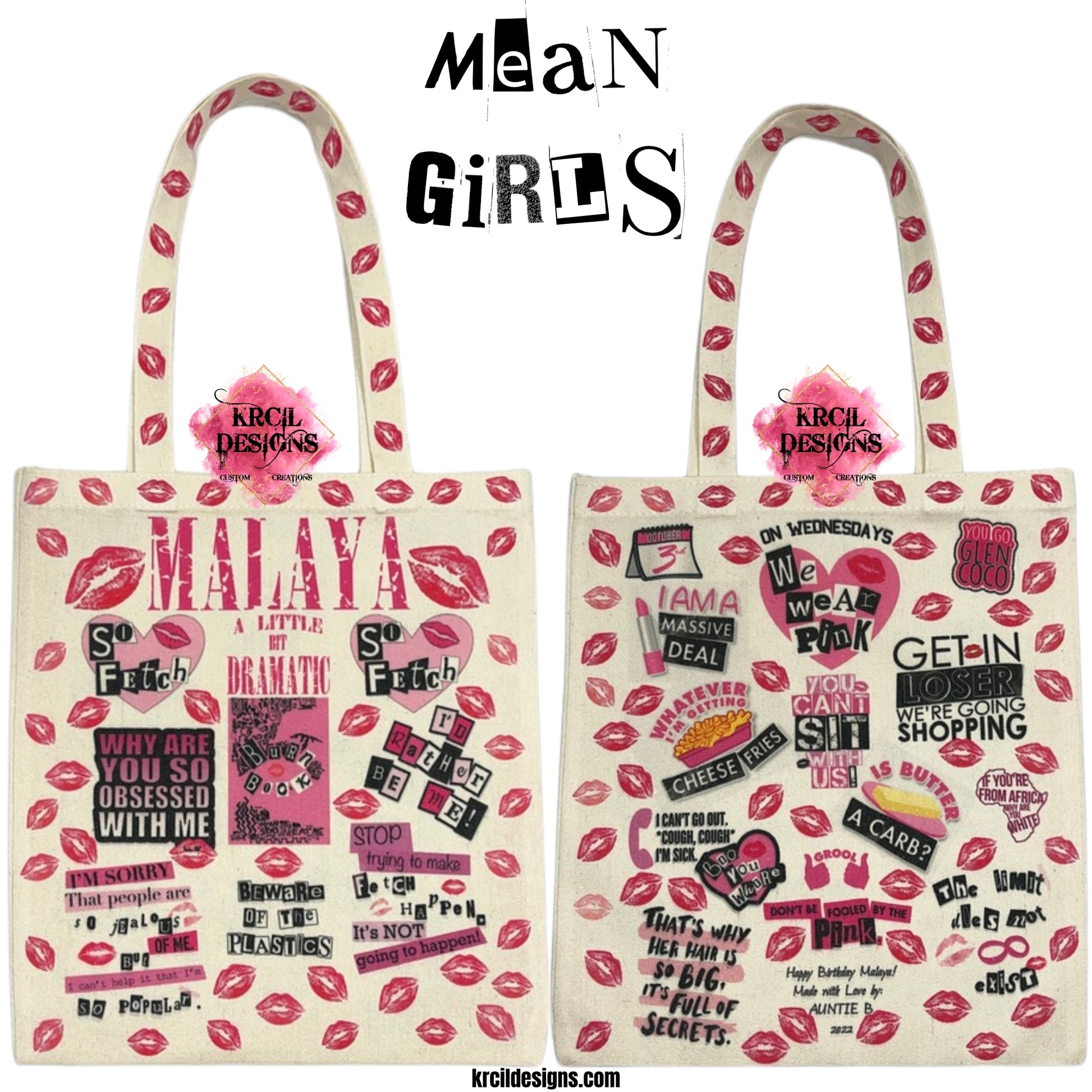 On Wednesdays We Wear PINK Mean Girls Personalized Tote Bag by Krcil Designs | Featuring all the famous quotes from the movie Mean Girls and with customizable options you can make it uniquely yours. Personalize It - add name, initials, monogram, or special message. Whether you're heading to school, cheerleading practice, or need to carry your burn book to a friends house, it's not just a bag; it's a statement piece. Durable, Reusable, Washable. Give the ultimate gift, add a cup, or t-shirt! KrcilDesigns.com