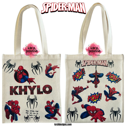 Swing into Action with Your Very Own Spider-Man Personalized Tote Bag by Krcil Designs | A web of creativity, featuring Spider-Man characters, his famous moves, adorned in spiders, and with customizable options you can make it uniquely yours. Personalize It - add name, special message. Whether you're heading to school, the park, or need to carry your toys to Grandma's house, it's not just a bag; it's a statement piece. Reusable and Washable. Give the ultimate gift, add a cup, or t-shirt! KrcilDesigns.com