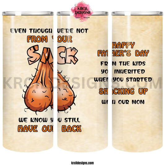 Bonus Dad Edition Ball Sack Personalized Tumbler by Krcil Designs | The perfect way to show those amazing bonus dads some extra love! | Let our custom tumblers do the talking with our collection of personalized tumblers. Personalize It - add name, monogram, picture collage photo tumbler - the picture-perfect present! For the ultimate gift, add a t-shirt, or accessorize with a custom tote bag. Insulated stainless steel tumblers include a plastic slide top lid and metal or plastic straw. KrcilDesigns.com