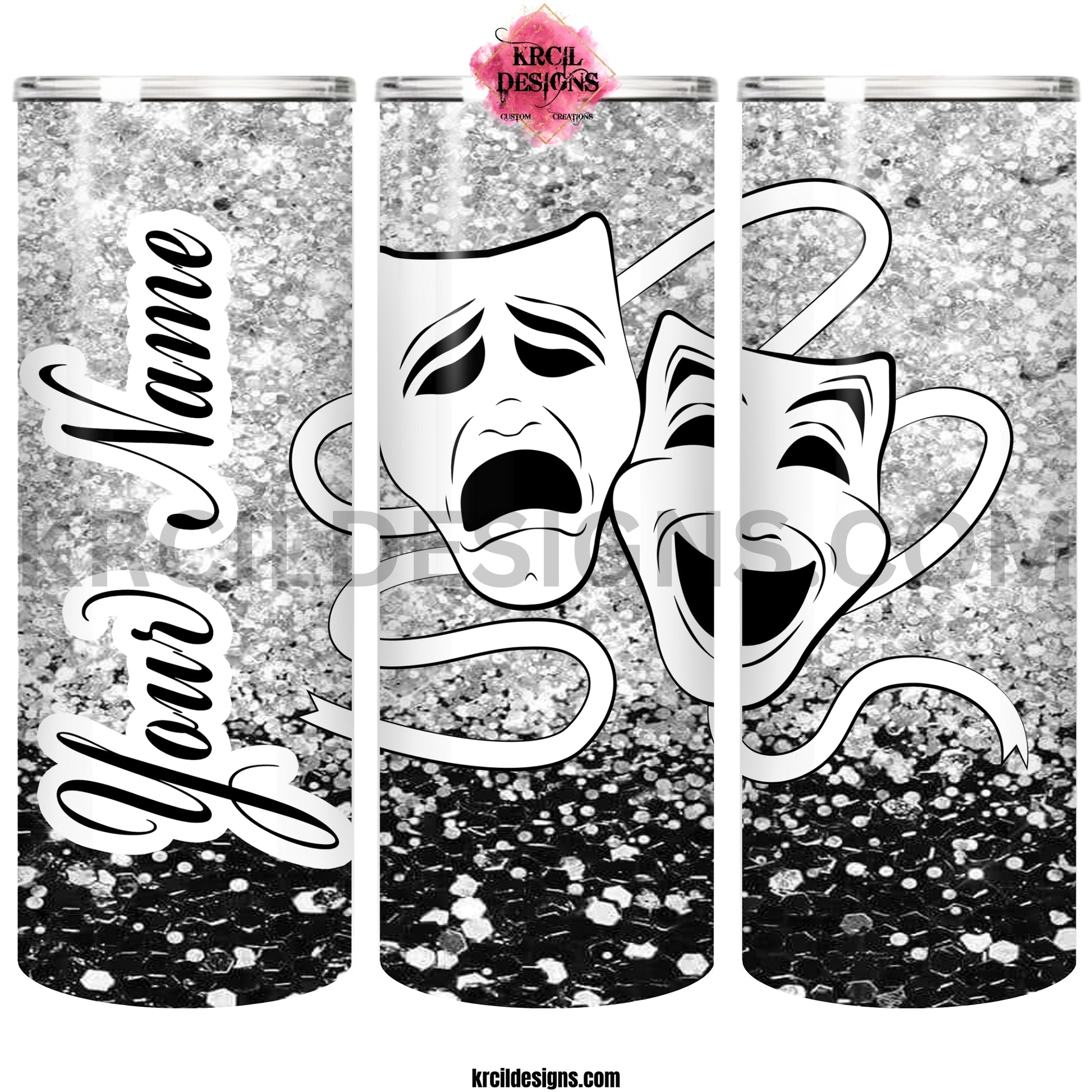 Comedy and Tragedy Mask Tumbler by Krcil Designs | This coffee tumbler features a glitzy and glam design and is the perfect accessory for anyone in performing arts, whether you're a performer, actor, director. This custom tumbler features the iconic comedy and tragedy mask, on a backdrop of silver and black faux glitter. Give it a personal touch, add name or one of your favorite theatre arts quotes, for a one-of-a-kind personalized tumbler. Shop Gifts for Theatre Actors at KrcilDesigns.com