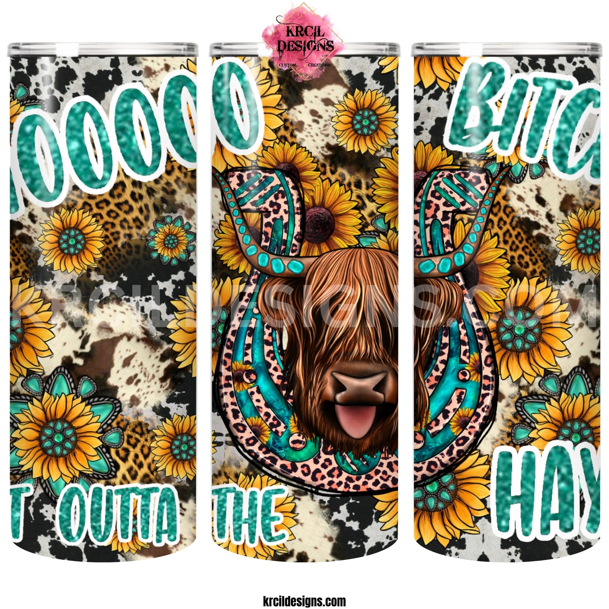 "MOO B GET OUTTA THE HAY" Tumbler by Krcil Designs | Featuring a Highland Cow, cheetah print horseshoe, sunflowers, turquoise gemstones. | Let our custom tumblers do the talking with our collection of personalized tumblers. Personalize It - add name, monogram, picture collage photo tumbler - the picture-perfect present! For the ultimate gift, add a t-shirt, or accessorize with a custom tote bag. Insulated stainless steel tumblers include a plastic slide top lid and metal or plastic straw. KrcilDesigns.com