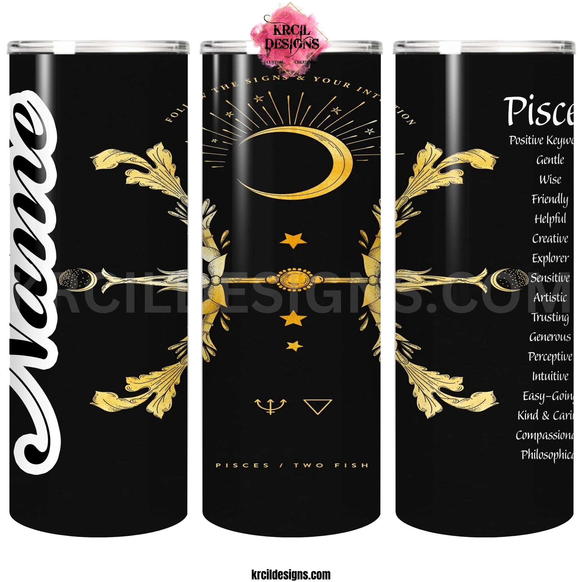 Pisces Constellation Dreams | Pisces Zodiac Personalized Tumbler by Krcil Designs | Let our custom tumblers do the talking with our collection of personalized tumblers. Personalize It - add name, monogram, picture collage photo tumbler - the picture-perfect present! For the ultimate gift, add a t-shirt, or accessorize with a custom tote bag. Insulated stainless steel tumblers include a plastic slide top lid and metal or plastic straw. KrcilDesigns.com