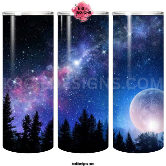 Starry Night Moon Scene with Saying Personalized Tumbler by Krcil Designs | Featuring a nighttime starry sky, full moon, majestic trees. | Let our custom tumblers do the talking with our collection of personalized tumblers. Personalize It - add name, monogram, picture collage photo tumbler - the picture-perfect present! For the ultimate gift, add a t-shirt, or accessorize with a custom tote bag. Insulated stainless steel tumblers include a plastic slide top lid and metal or plastic straw. KrcilDesigns.com