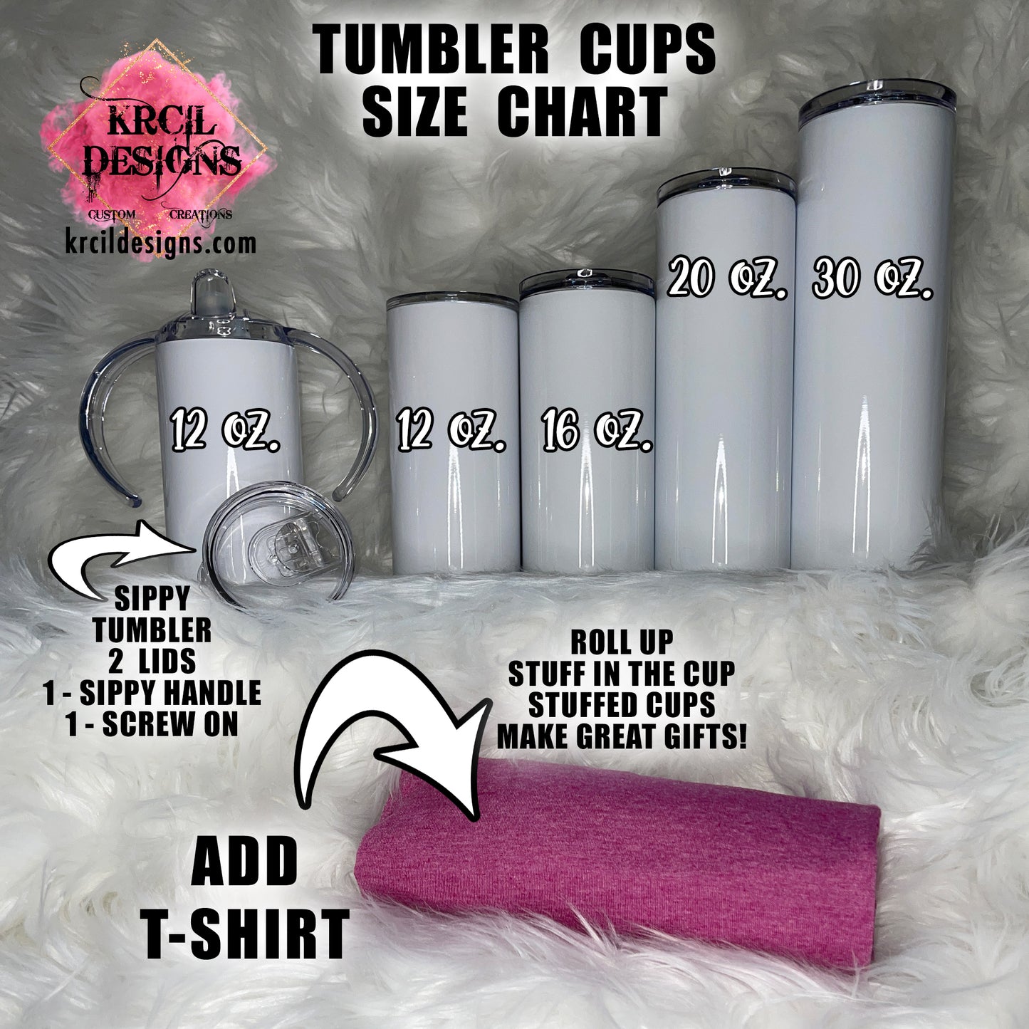 Tumbler Cups Size Chart | Design Your Own Tumblers with Krcil Designs! | Let our custom tumblers do the talking with our collection of personalized tumblers with names to a photo tumbler, make a one-of-a-kind picture collage photo tumbler - the picture-perfect present! Brand your business with our custom logo tumbler they make great business promotional products. Insulated stainless steel tumbler cup include a plastic slide top lid and metal or plastic straw. Customize yours at KrcilDesigns.com