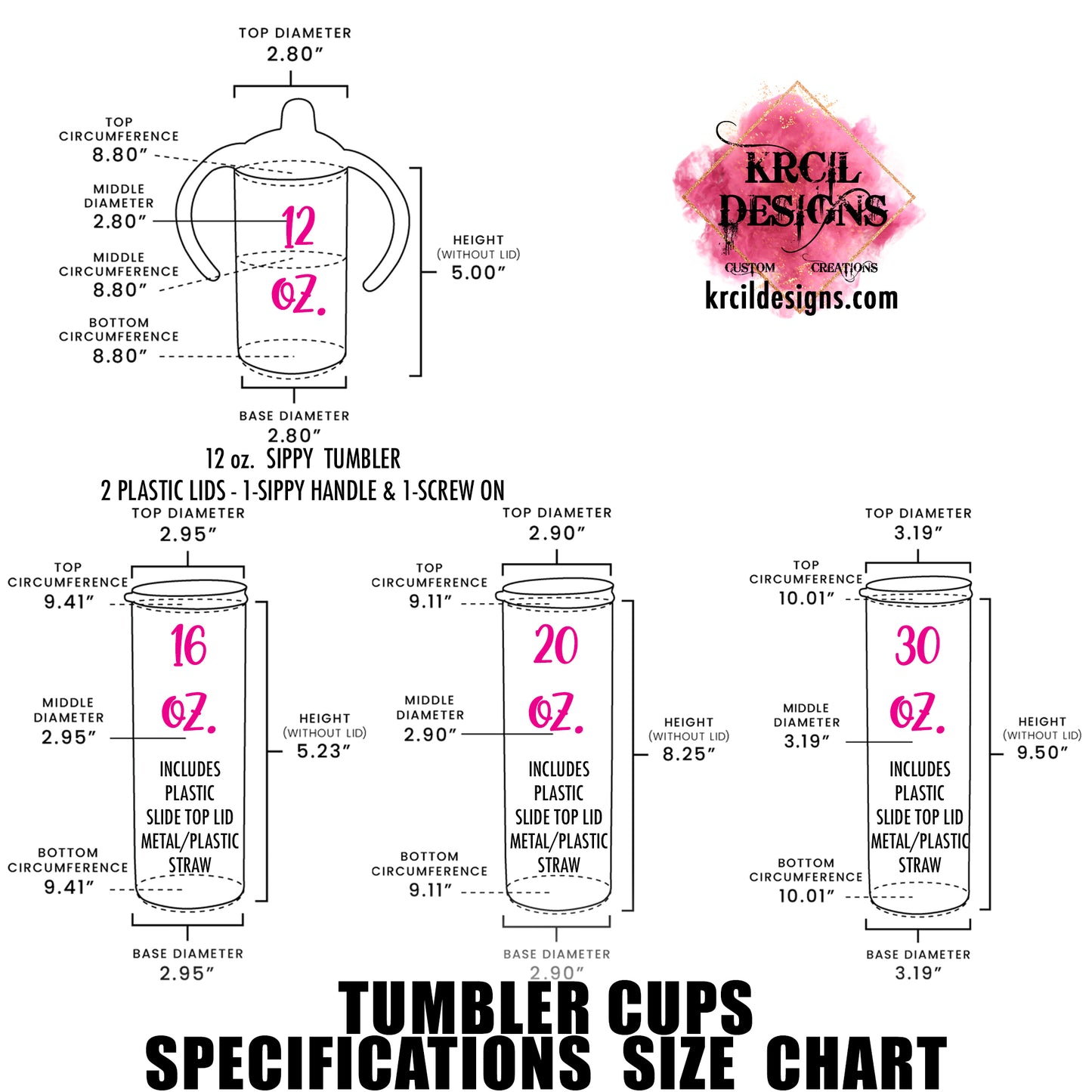 Tumbler Cups Specifications | Design Your Own Tumblers with Krcil Designs! | Let our custom tumblers do the talking with our collection of personalized tumblers with names to a photo tumbler, make a one-of-a-kind picture collage photo tumbler - the picture-perfect present! Brand your business with our custom logo tumbler they make great business promotional products. Insulated stainless steel tumbler cup include a plastic slide top lid and metal or plastic straw. Customize yours at KrcilDesigns.com