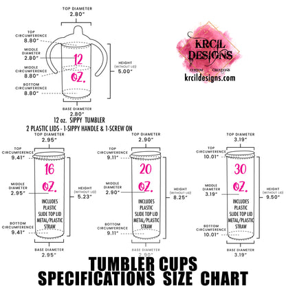 Tumbler Cups Specifications | Design Your Own Tumblers with Krcil Designs! | Let our custom tumblers do the talking with our collection of personalized tumblers with names to a photo tumbler, make a one-of-a-kind picture collage photo tumbler - the picture-perfect present! Brand your business with our custom logo tumbler they make great business promotional products. Insulated stainless steel tumbler cup include a plastic slide top lid and metal or plastic straw. Customize yours at KrcilDesigns.com