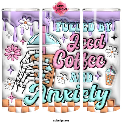 "FUELED BY Iced Coffee and Anxiety" 3D Tumbler by Krcil Designs | A skeleton hand holding an iced coffee, coffee drips, & checker border. | Let our custom tumblers do the talking with our collection of personalized tumblers. Personalize It - add name, monogram, picture collage photo tumbler - the picture-perfect present! For the ultimate gift, add a t-shirt, or accessorize with a custom tote bag. Insulated stainless steel tumblers include a plastic slide top lid and metal or plastic straw. KrcilDesigns.com