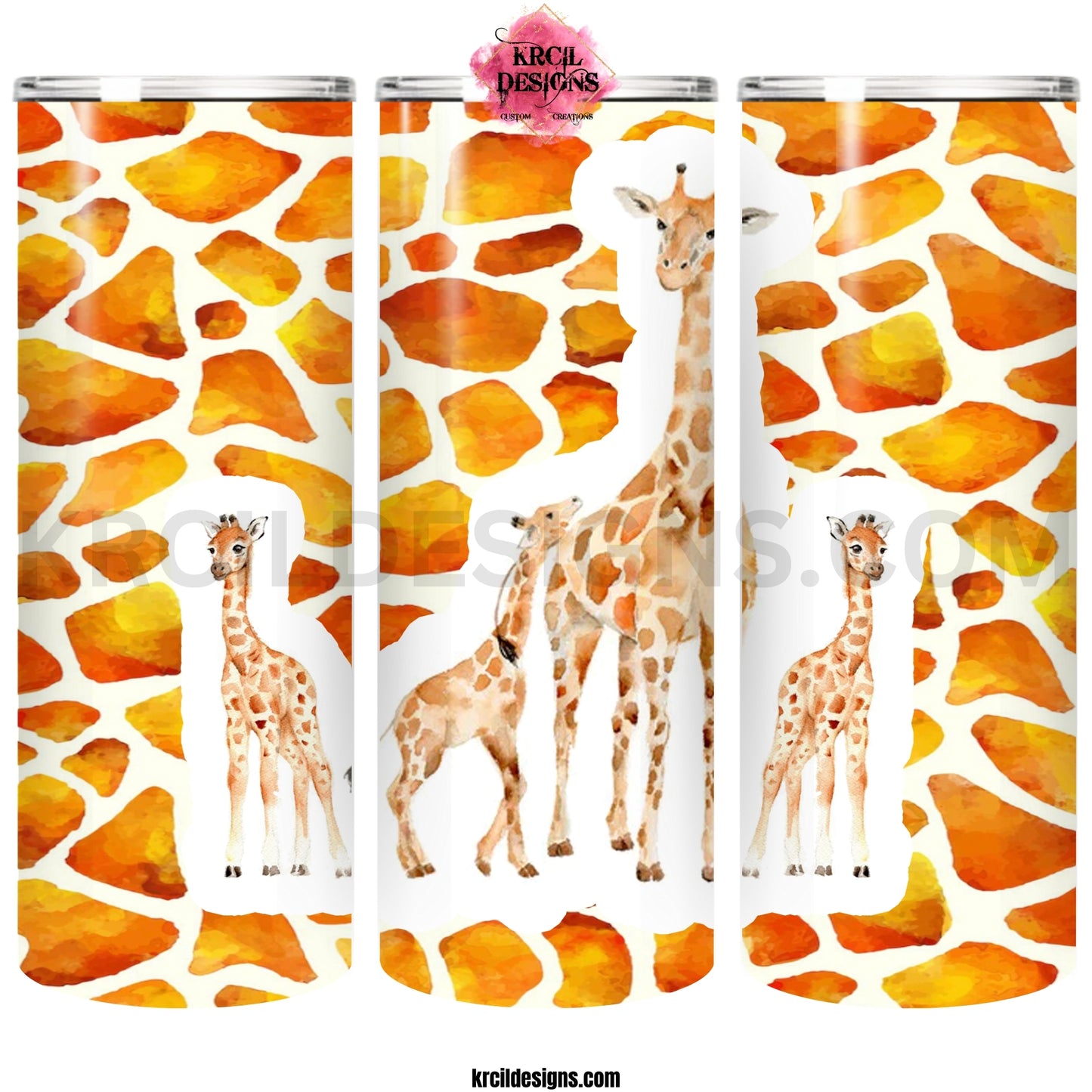 Giraffe Print Giraffe Tumbler by Krcil Designs | Get ready to stick your neck out for this Giraffe-Tastic Giraffe Tumbler! This custom tumbler is adorned with a gorgeous family of watercolor giraffes and wrapped in a giraffe print pattern, it's the neck above the competition! Give it a personal touch, add name or quote, and make it a one-of-a-kind personalized tumbler. This coffee tumbler is the ultimate in Giraffe Gifts! Shop Custom Tumblers at KrcilDesigns.com