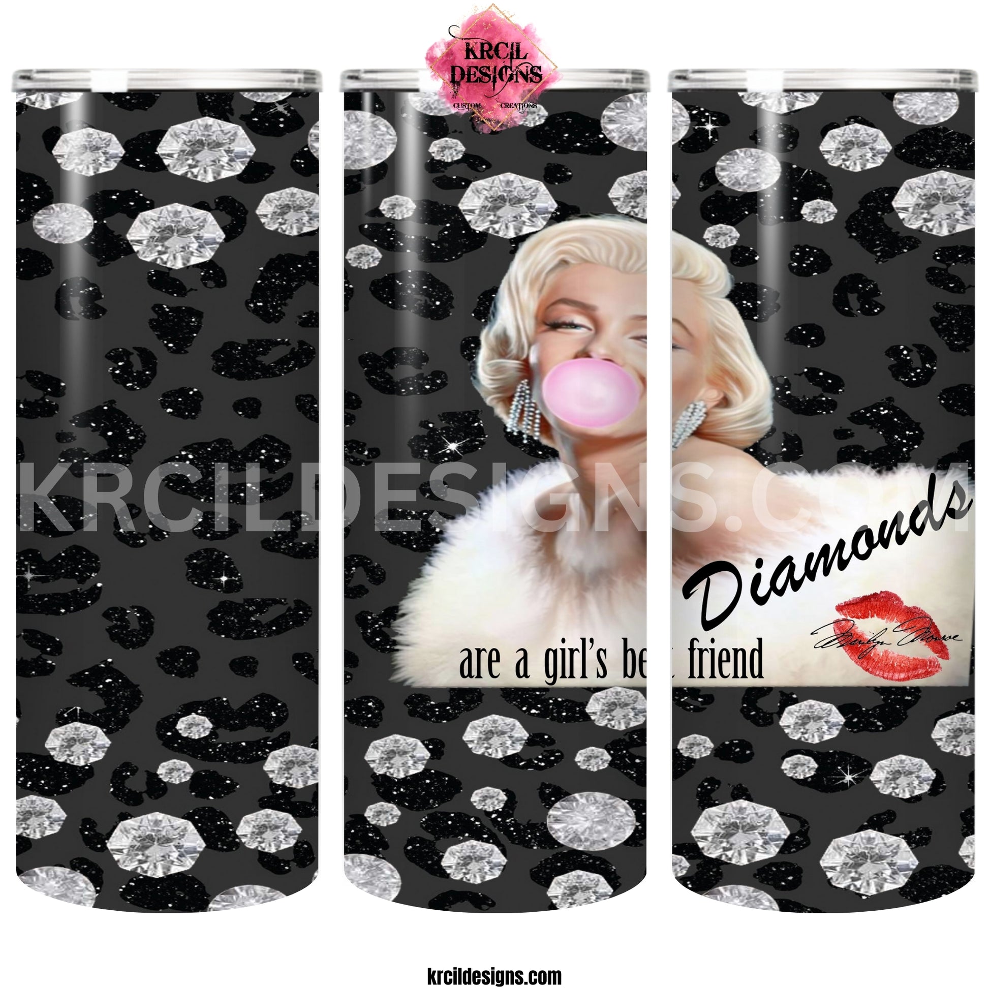 Diamonds Are A Girl's Best Friend -Marilyn Monroe Tumbler by Krcil Designs | Shine Bright Like A Diamond with our Marilyn Monroe Tumbler—made for Marilyn Monroe Lovers! This coffee tumbler has the Diamonds Quote. This custom tumbler has a black cheetah print backdrop, wrapped in diamonds, features Marilyn Monroe and her signature lips! Add a personal touch, add name, your favorite Marilyn Monroe quote, for a one-of-a-kind personalized tumbler. Shop Marilyn Monroe Gifts at KrcilDesigns.com