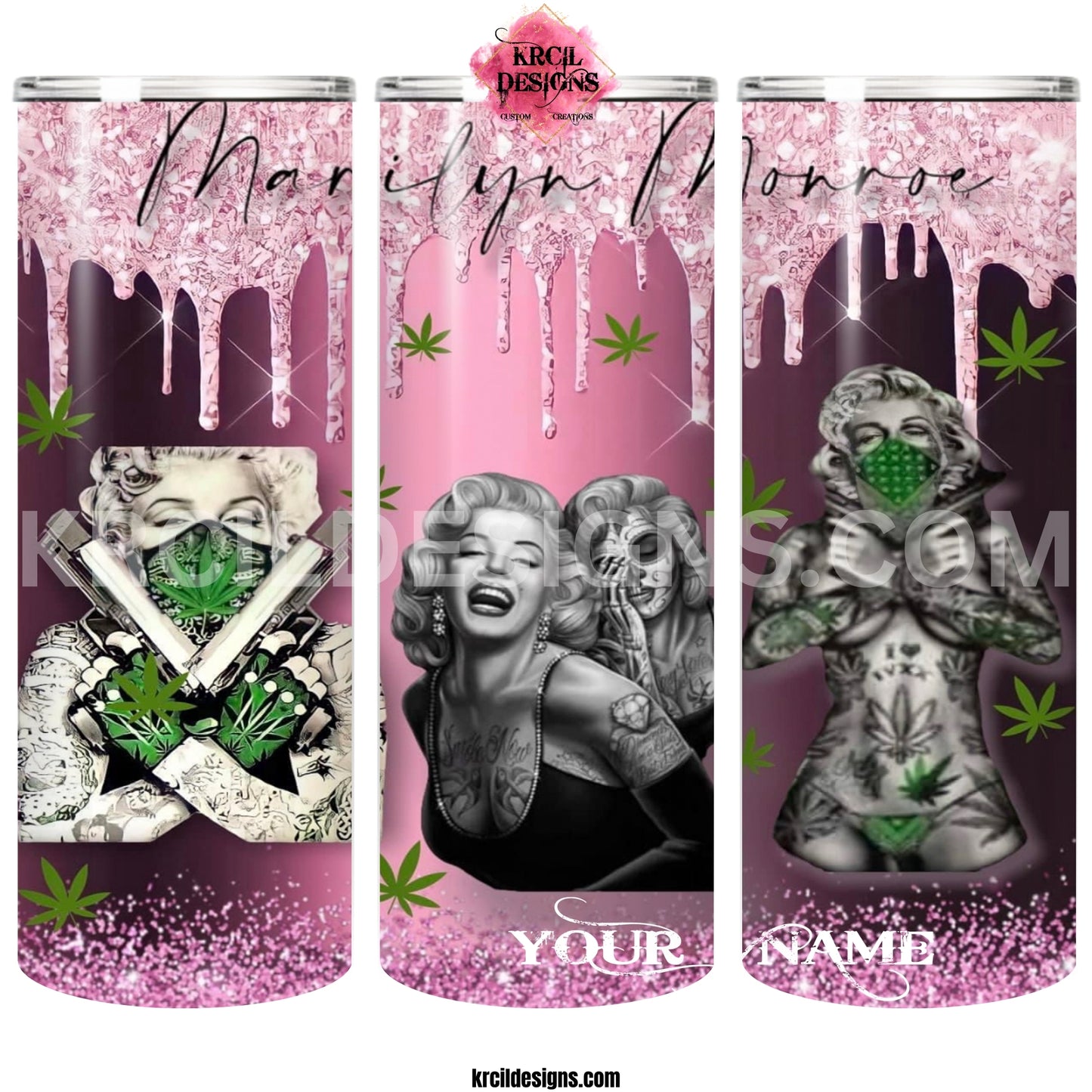 Rebel Marilyn Monroe with Guns, Tattoos, and Ganja Leaves Galore! Personalized Tumbler by Krcil Designs | Let our custom tumblers do the talking with our collection of personalized tumblers. Personalize It - add name, monogram, picture collage photo tumbler - the picture-perfect present! For the ultimate gift, add a t-shirt, or accessorize with a custom tote bag. Insulated stainless steel tumblers include a plastic slide top lid and metal or plastic straw. KrcilDesigns.com