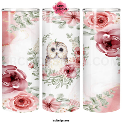 Pretty in Pink Rose Floral Owl Personalized Tumbler by Krcil Designs | Let our custom tumblers do the talking with our collection of personalized tumblers. Personalize It - add name, monogram, picture collage photo tumbler - the picture-perfect present! For the ultimate gift, add a t-shirt, or accessorize with a custom tote bag. Insulated stainless steel tumblers include a plastic slide top lid and metal or plastic straw. KrcilDesigns.com